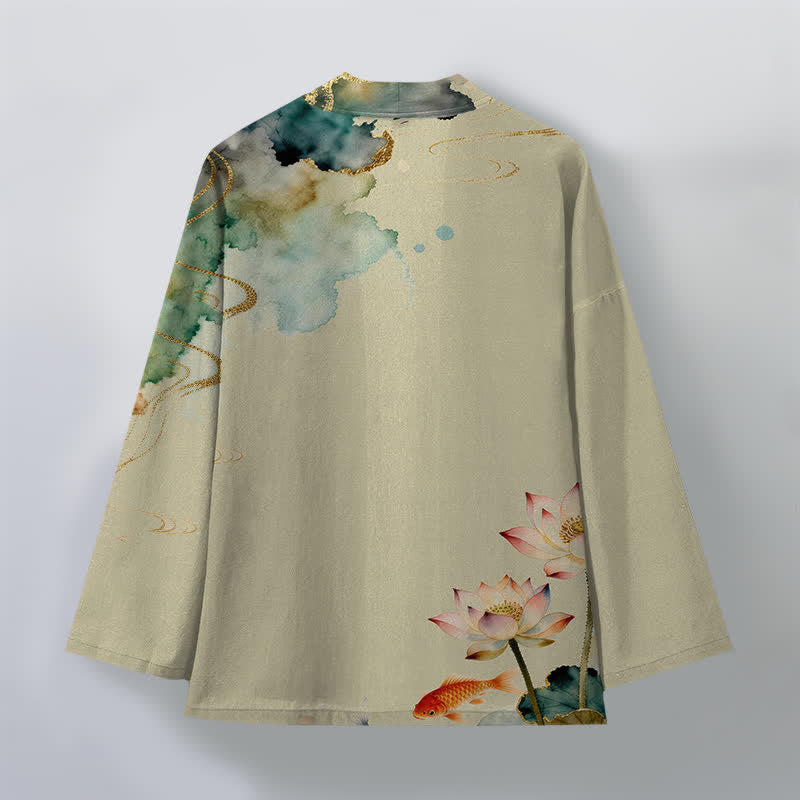 Buddha Stones Kimono aus Baumwolle mit Lotus-Koi-Tintenwolkenmuster und offener Vorderseite für Herren - image 8