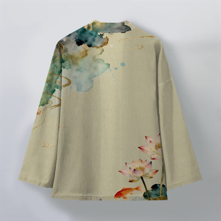 Buddha Stones Kimono aus Baumwolle mit Lotus-Koi-Tintenwolkenmuster und offener Vorderseite für Herren - image 8