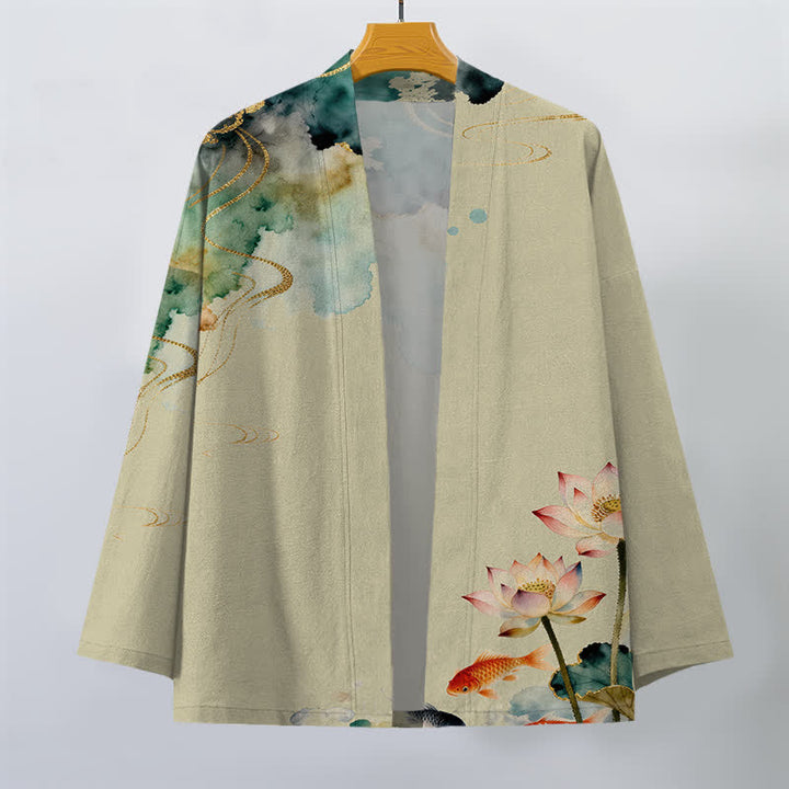 Buddha Stones Kimono aus Baumwolle mit Lotus-Koi-Tintenwolkenmuster und offener Vorderseite für Herren - image 7