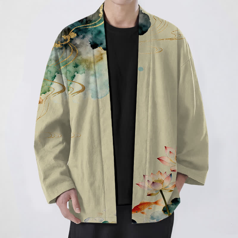 Buddha Stones Kimono aus Baumwolle mit Lotus-Koi-Tintenwolkenmuster und offener Vorderseite für Herren - Blassgoldenrode - US/UK/AU48, EU58 (4XL) - image 6