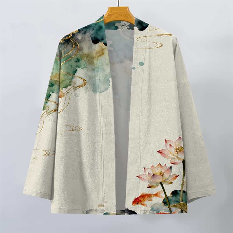 Buddha Stones Kimono aus Baumwolle mit Lotus-Koi-Tintenwolkenmuster und offener Vorderseite für Herren - image 10
