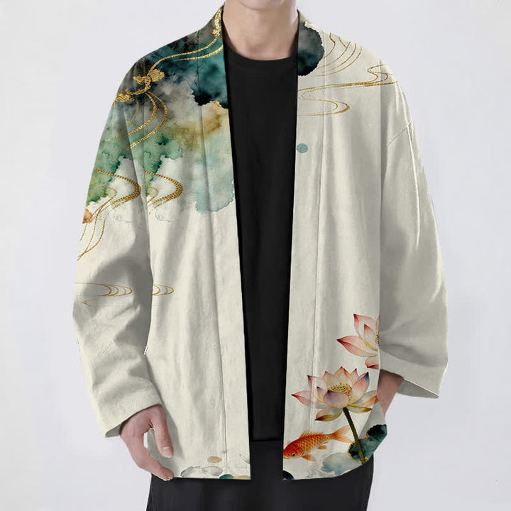 Buddha Stones Kimono aus Baumwolle mit Lotus-Koi-Tintenwolkenmuster und offener Vorderseite für Herren - Beige - US/UK/AU48, EU58 (4XL) - image 9
