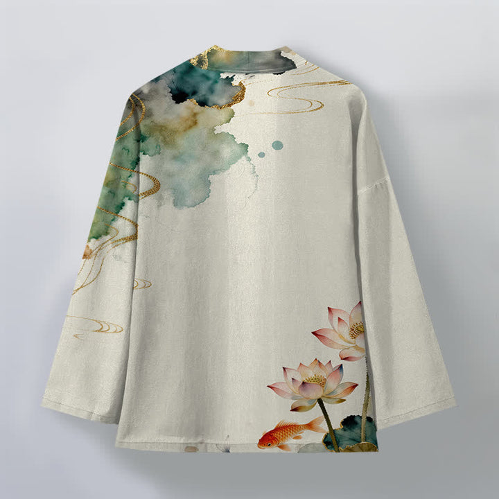 Buddha Stones Kimono aus Baumwolle mit Lotus-Koi-Tintenwolkenmuster und offener Vorderseite für Herren - image 11