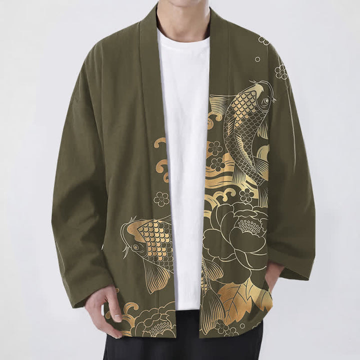Buddha Stones Kimono aus Baumwolle mit goldenem Koi- und Blumenmuster, offener Vorderseite, für Herren - Olive - US/UK/AU48, EU58 (4XL) - image 0