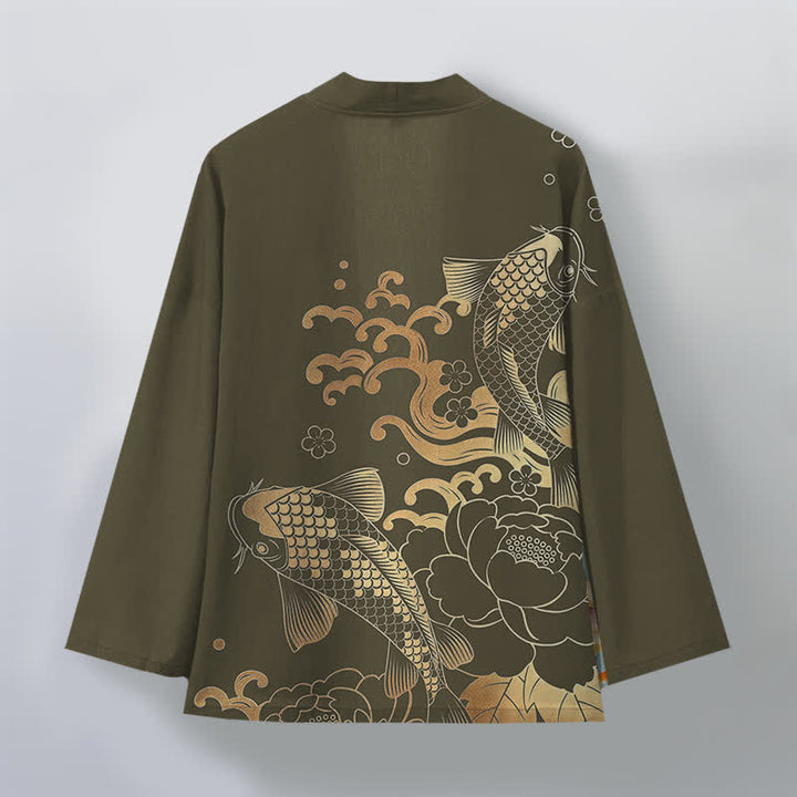 Buddha Stones Kimono aus Baumwolle mit goldenem Koi- und Blumenmuster, offener Vorderseite, für Herren - image 2