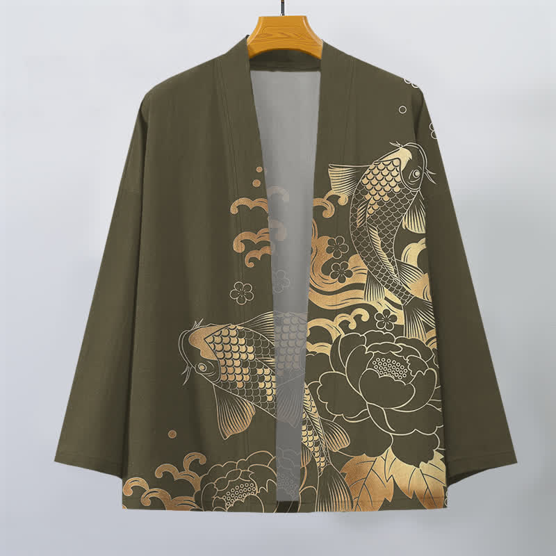 Buddha Stones Kimono aus Baumwolle mit goldenem Koi- und Blumenmuster, offener Vorderseite, für Herren - image 1