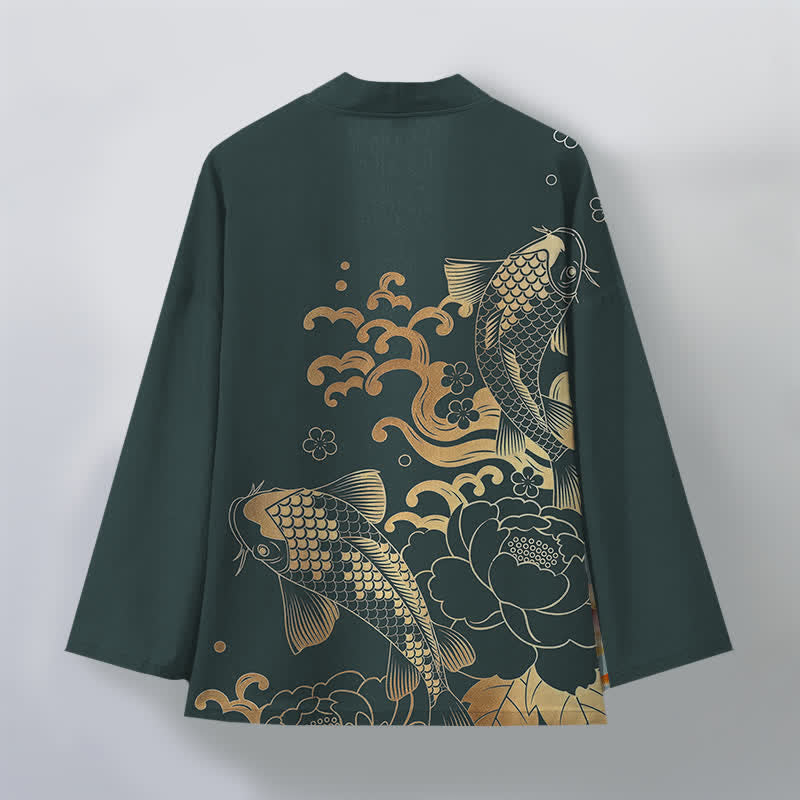 Buddha Stones Kimono aus Baumwolle mit goldenem Koi- und Blumenmuster, offener Vorderseite, für Herren - image 8
