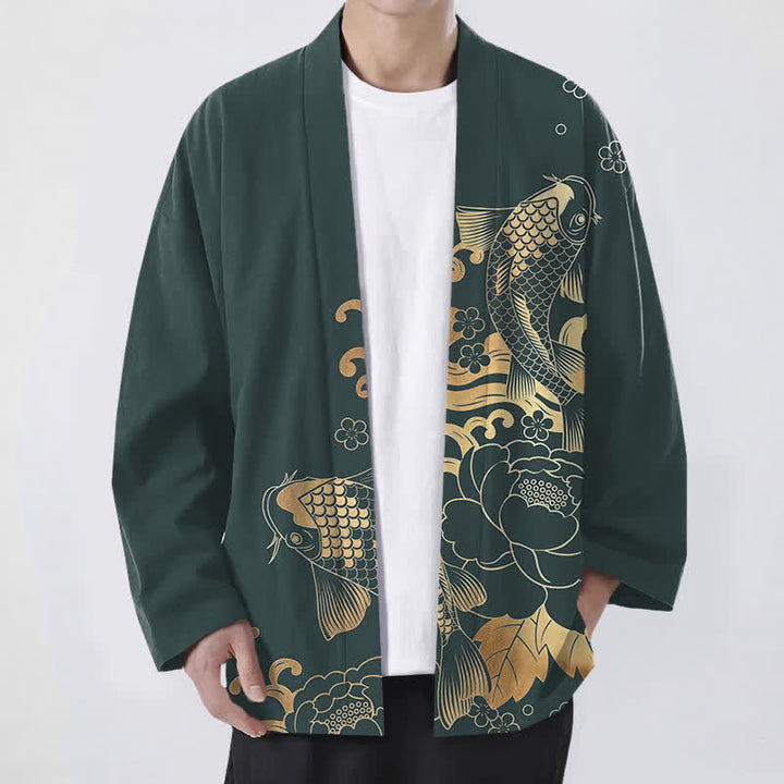 Buddha Stones Kimono aus Baumwolle mit goldenem Koi- und Blumenmuster, offener Vorderseite, für Herren - Türkis - US/UK/AU48, EU58 (4XL) - image 6