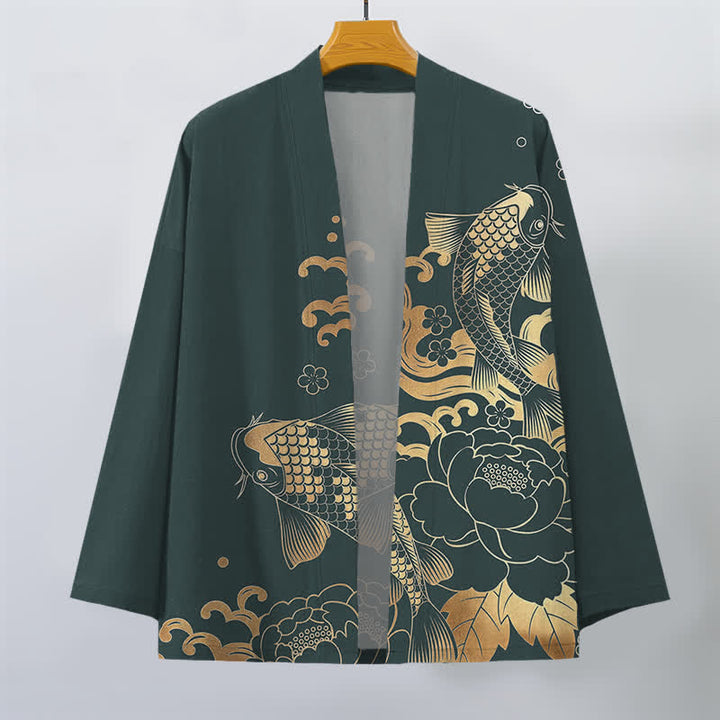 Buddha Stones Kimono aus Baumwolle mit goldenem Koi- und Blumenmuster, offener Vorderseite, für Herren - image 7