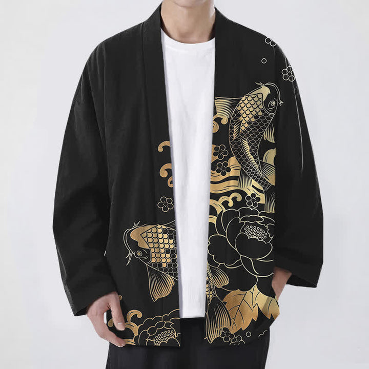 Buddha Stones Kimono aus Baumwolle mit goldenem Koi- und Blumenmuster, offener Vorderseite, für Herren - Schwarz - US/UK/AU48, EU58 (4XL) - image 9