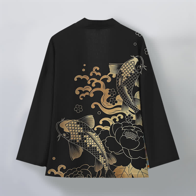 Buddha Stones Kimono aus Baumwolle mit goldenem Koi- und Blumenmuster, offener Vorderseite, für Herren - image 11