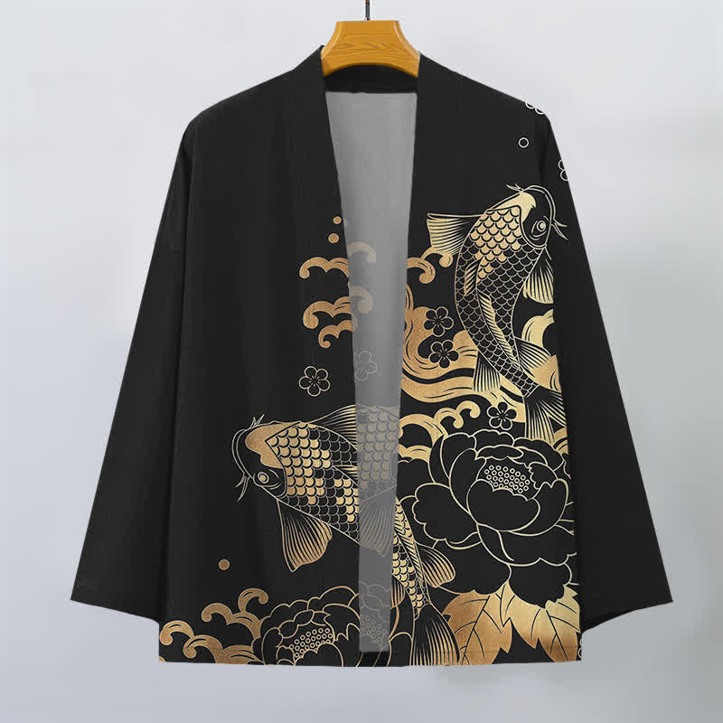 Buddha Stones Kimono aus Baumwolle mit goldenem Koi- und Blumenmuster, offener Vorderseite, für Herren - image 10
