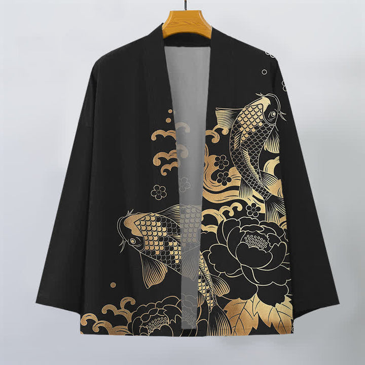 Buddha Stones Kimono aus Baumwolle mit goldenem Koi- und Blumenmuster, offener Vorderseite, für Herren - image 10