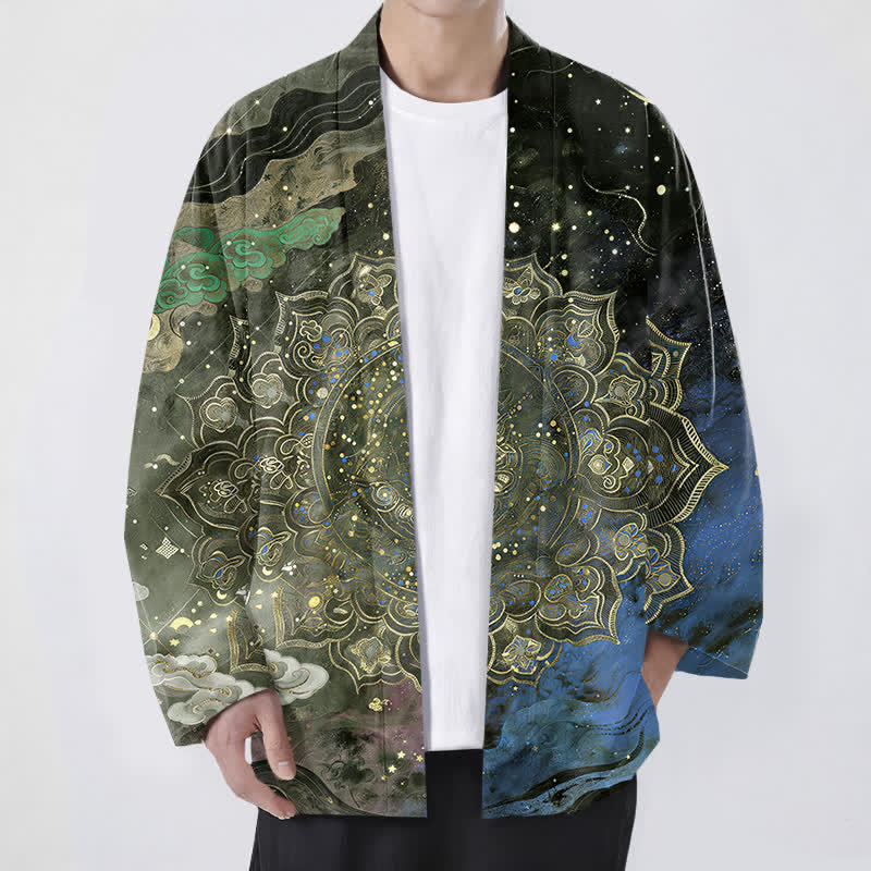 Buddha Stones Kimono aus Baumwolle mit galaktischem Mandala-Muster und offener Vorderseite für Herren - Dunkelolivgrün - US/UK/AU48, EU58 (4XL) - image 6