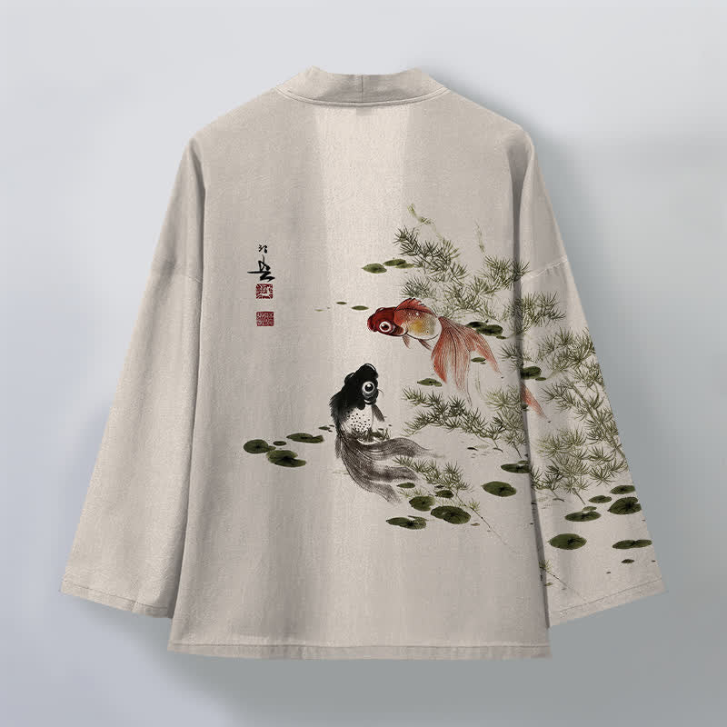 Buddha Stones Kimono für Herren aus Baumwolle mit Koi-Lotus-Tintenwaschmuster und offener Vorderseite - image 2
