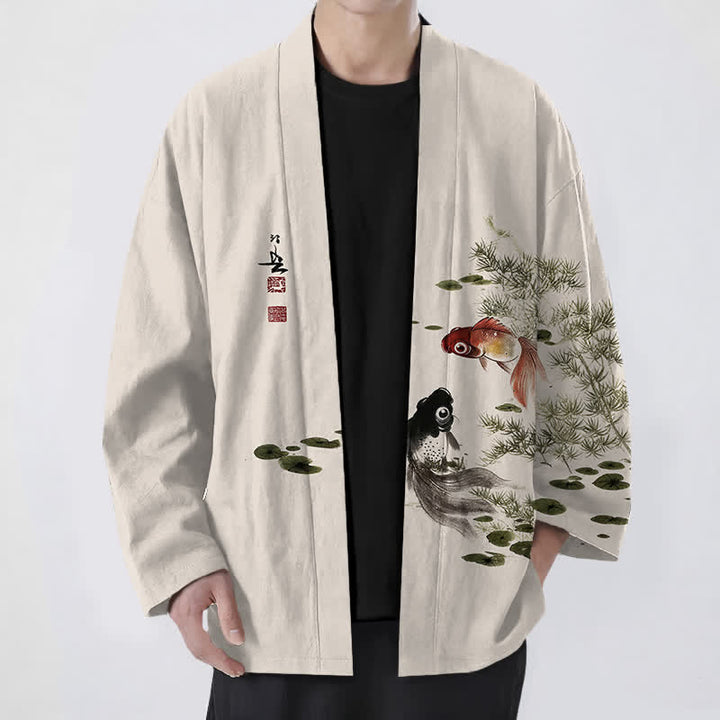 Buddha Stones Kimono für Herren aus Baumwolle mit Koi-Lotus-Tintenwaschmuster und offener Vorderseite - Beige - US/UK/AU48, EU58 (4XL) - image 0