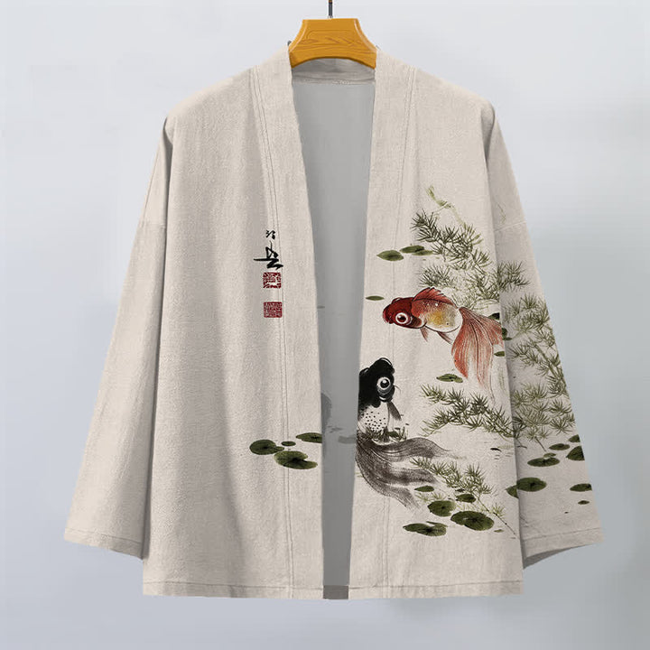 Buddha Stones Kimono für Herren aus Baumwolle mit Koi-Lotus-Tintenwaschmuster und offener Vorderseite - image 1