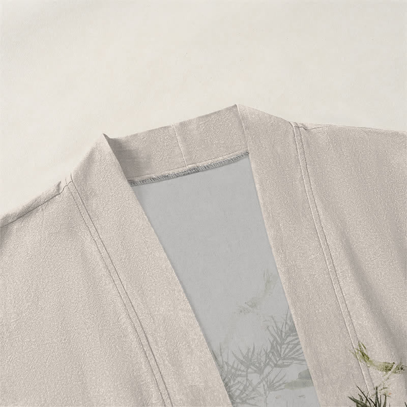 Buddha Stones Kimono für Herren aus Baumwolle mit Koi-Lotus-Tintenwaschmuster und offener Vorderseite - image 3