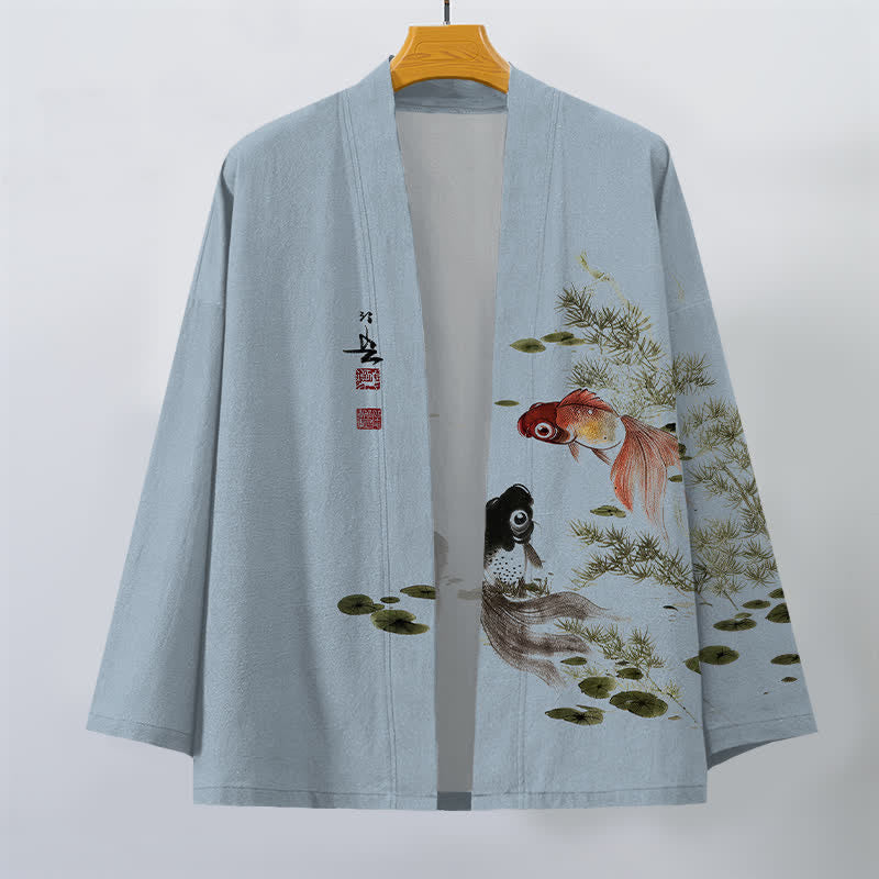 Buddha Stones Kimono für Herren aus Baumwolle mit Koi-Lotus-Tintenwaschmuster und offener Vorderseite - image 7