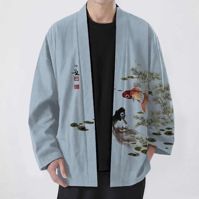 Buddha Stones Kimono für Herren aus Baumwolle mit Koi-Lotus-Tintenwaschmuster und offener Vorderseite - Hellstahlblau - US/UK/AU48, EU58 (4XL) - image 6