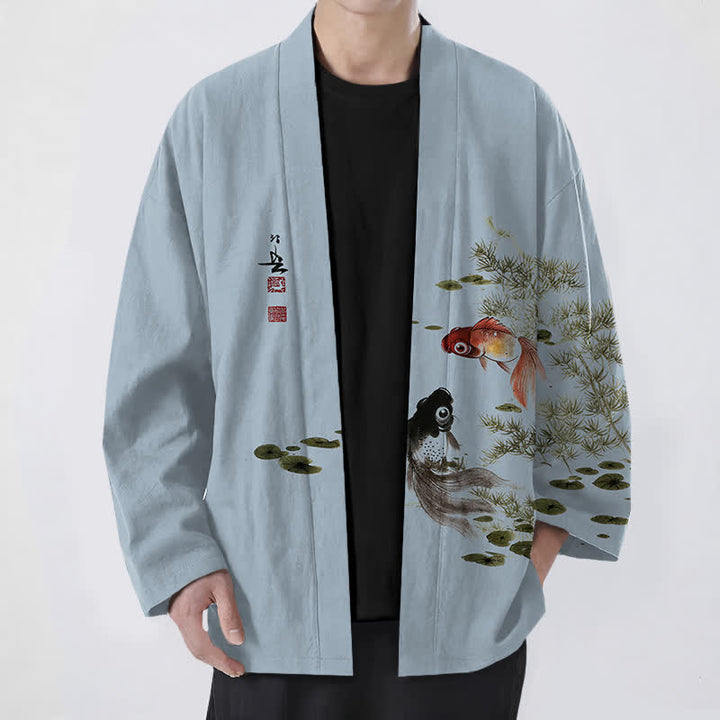Buddha Stones Kimono für Herren aus Baumwolle mit Koi-Lotus-Tintenwaschmuster und offener Vorderseite - Hellstahlblau - US/UK/AU48, EU58 (4XL) - image 6