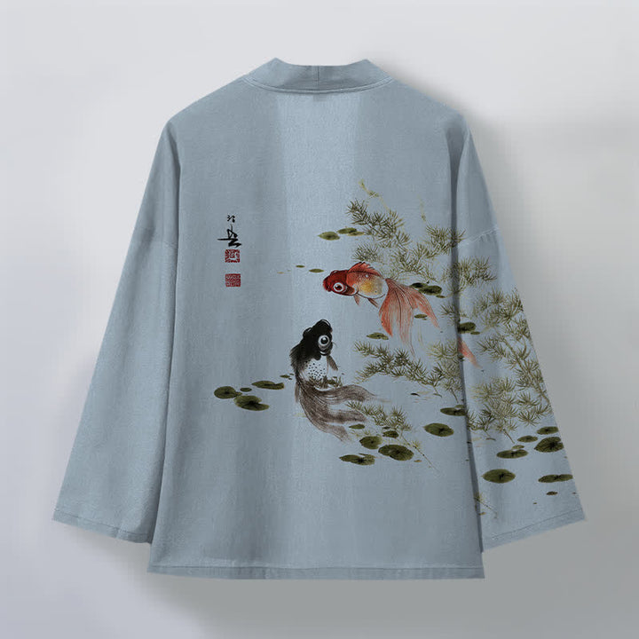 Buddha Stones Kimono für Herren aus Baumwolle mit Koi-Lotus-Tintenwaschmuster und offener Vorderseite - image 8