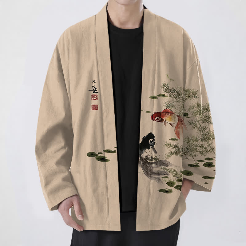 Buddha Stones Kimono für Herren aus Baumwolle mit Koi-Lotus-Tintenwaschmuster und offener Vorderseite - Weizen - US/UK/AU48, EU58 (4XL) - image 9