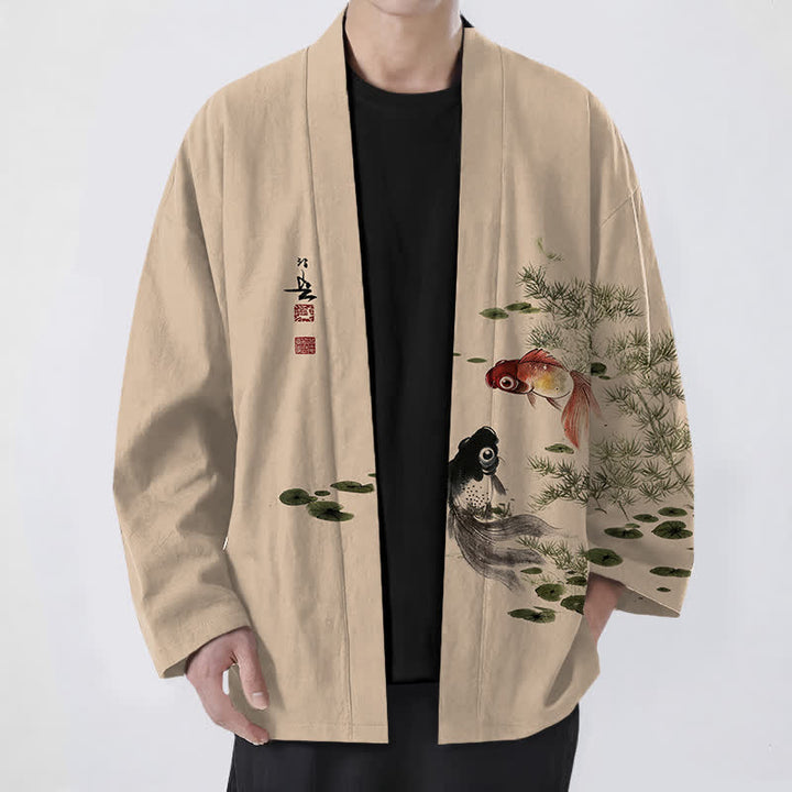 Buddha Stones Kimono für Herren aus Baumwolle mit Koi-Lotus-Tintenwaschmuster und offener Vorderseite - Weizen - US/UK/AU48, EU58 (4XL) - image 9
