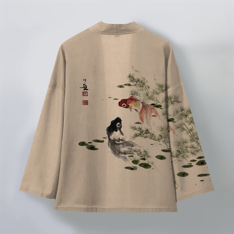 Buddha Stones Kimono für Herren aus Baumwolle mit Koi-Lotus-Tintenwaschmuster und offener Vorderseite - image 11