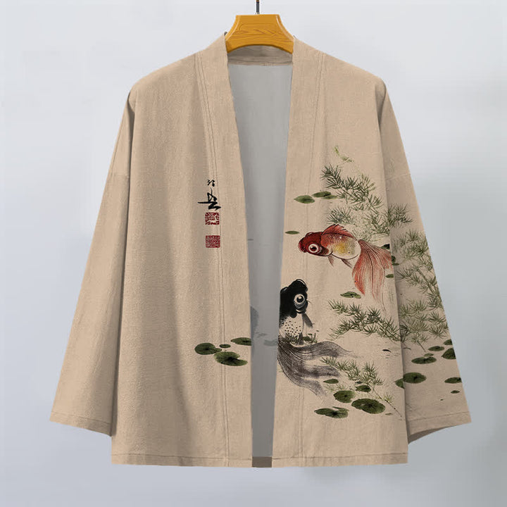 Buddha Stones Kimono für Herren aus Baumwolle mit Koi-Lotus-Tintenwaschmuster und offener Vorderseite - image 10