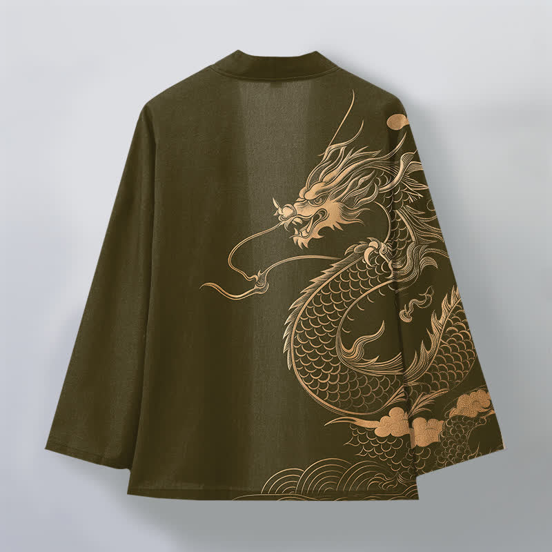 Buddha Stones Kimono aus Baumwolle mit goldenem Drachen-, Wolken- und Wellenmuster, offener Vorderseite, für Herren - image 2