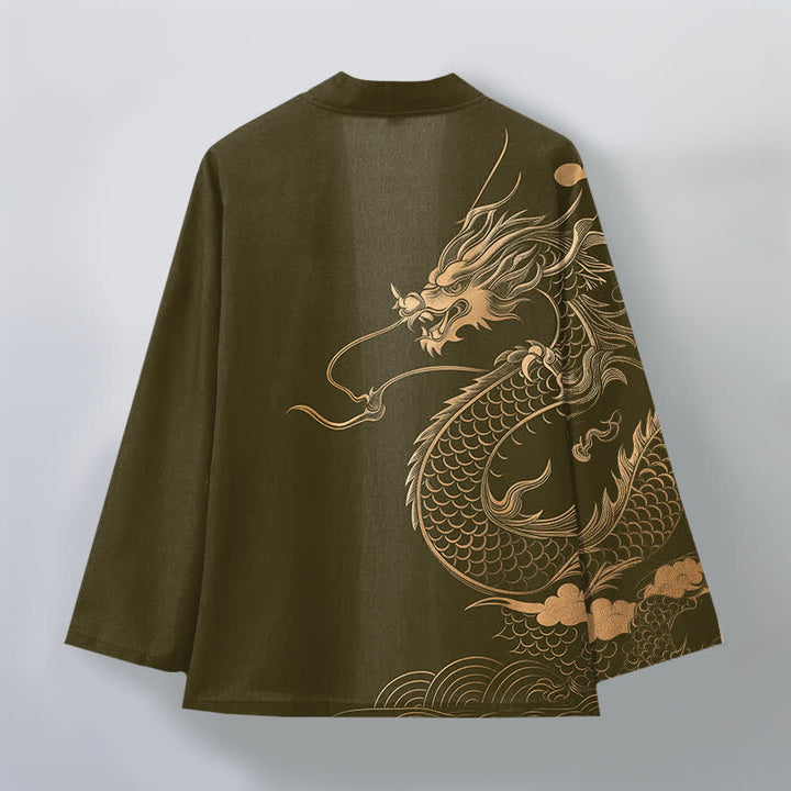 Buddha Stones Kimono aus Baumwolle mit goldenem Drachen-, Wolken- und Wellenmuster, offener Vorderseite, für Herren - image 2
