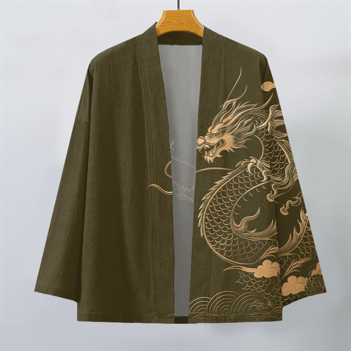 Buddha Stones Kimono aus Baumwolle mit goldenem Drachen-, Wolken- und Wellenmuster, offener Vorderseite, für Herren - image 1