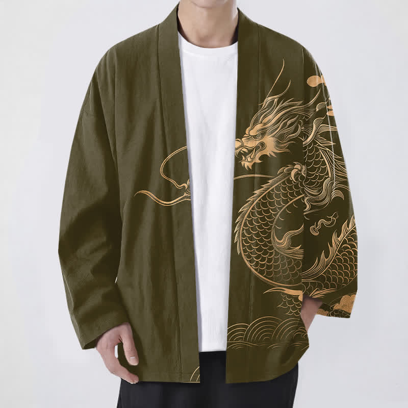 Buddha Stones Kimono aus Baumwolle mit goldenem Drachen-, Wolken- und Wellenmuster, offener Vorderseite, für Herren - Olive - US/UK/AU48, EU58 (4XL) - image 0