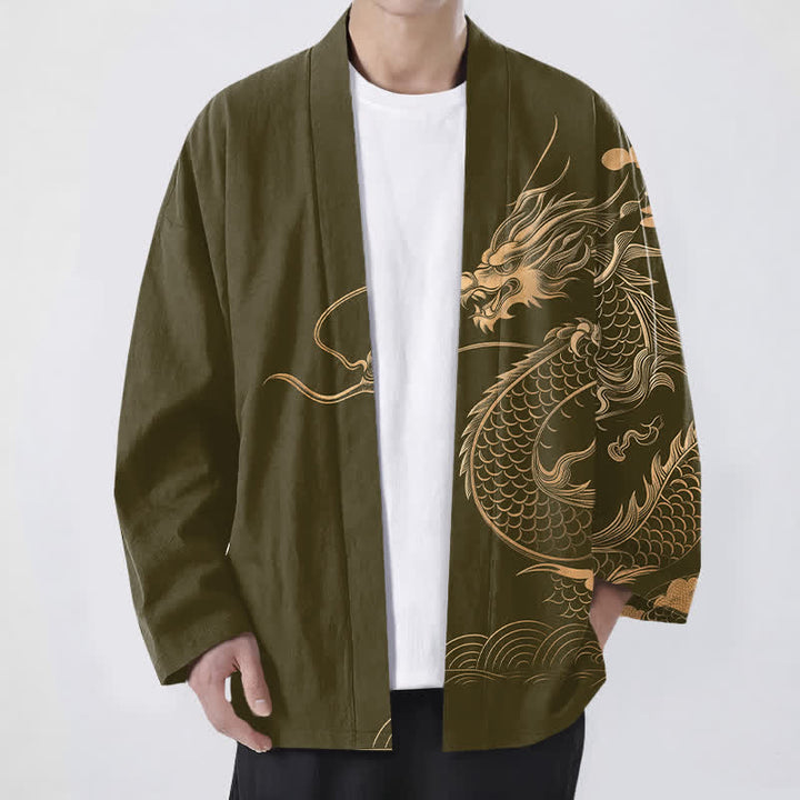 Buddha Stones Kimono aus Baumwolle mit goldenem Drachen-, Wolken- und Wellenmuster, offener Vorderseite, für Herren - Olive - US/UK/AU48, EU58 (4XL) - image 0