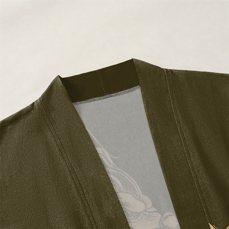 Buddha Stones Kimono aus Baumwolle mit goldenem Drachen-, Wolken- und Wellenmuster, offener Vorderseite, für Herren - image 3