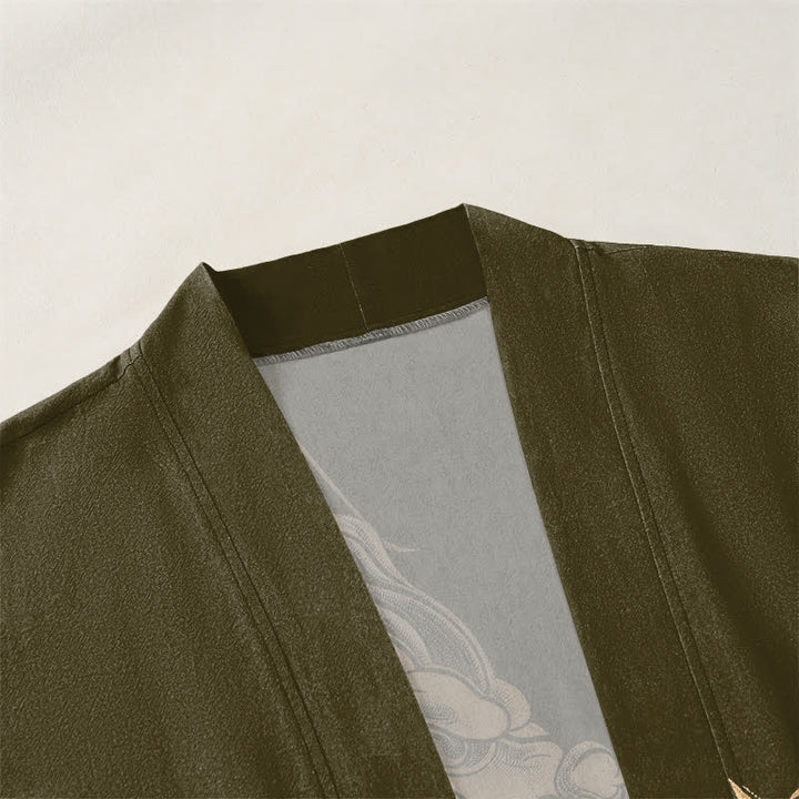 Buddha Stones Kimono aus Baumwolle mit goldenem Drachen-, Wolken- und Wellenmuster, offener Vorderseite, für Herren - image 3