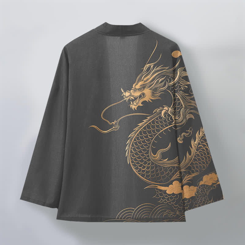 Buddha Stones Kimono aus Baumwolle mit goldenem Drachen-, Wolken- und Wellenmuster, offener Vorderseite, für Herren - image 8