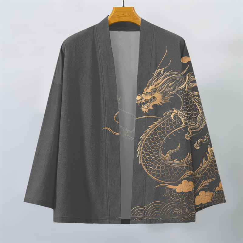 Buddha Stones Kimono aus Baumwolle mit goldenem Drachen-, Wolken- und Wellenmuster, offener Vorderseite, für Herren - image 7