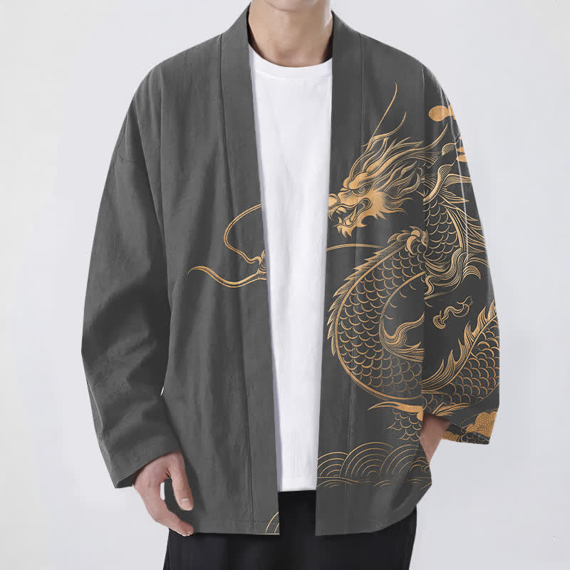 Buddha Stones Kimono aus Baumwolle mit goldenem Drachen-, Wolken- und Wellenmuster, offener Vorderseite, für Herren - DimGray - US/UK/AU48, EU58 (4XL) - image 6