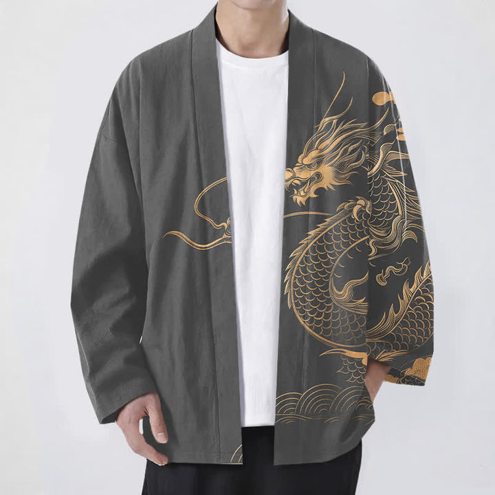 Buddha Stones Kimono aus Baumwolle mit goldenem Drachen-, Wolken- und Wellenmuster, offener Vorderseite, für Herren - DimGray - US/UK/AU48, EU58 (4XL) - image 6