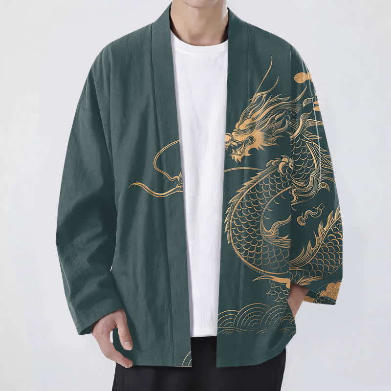 Buddha Stones Kimono aus Baumwolle mit goldenem Drachen-, Wolken- und Wellenmuster, offener Vorderseite, für Herren - Türkis - US/UK/AU48, EU58 (4XL) - image 9