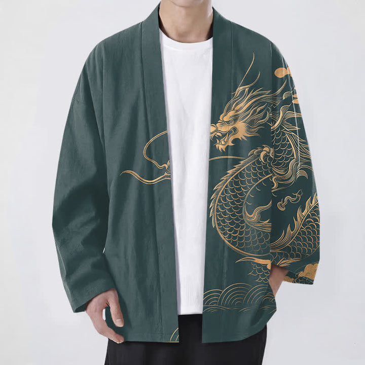Buddha Stones Kimono aus Baumwolle mit goldenem Drachen-, Wolken- und Wellenmuster, offener Vorderseite, für Herren - Türkis - US/UK/AU48, EU58 (4XL) - image 9