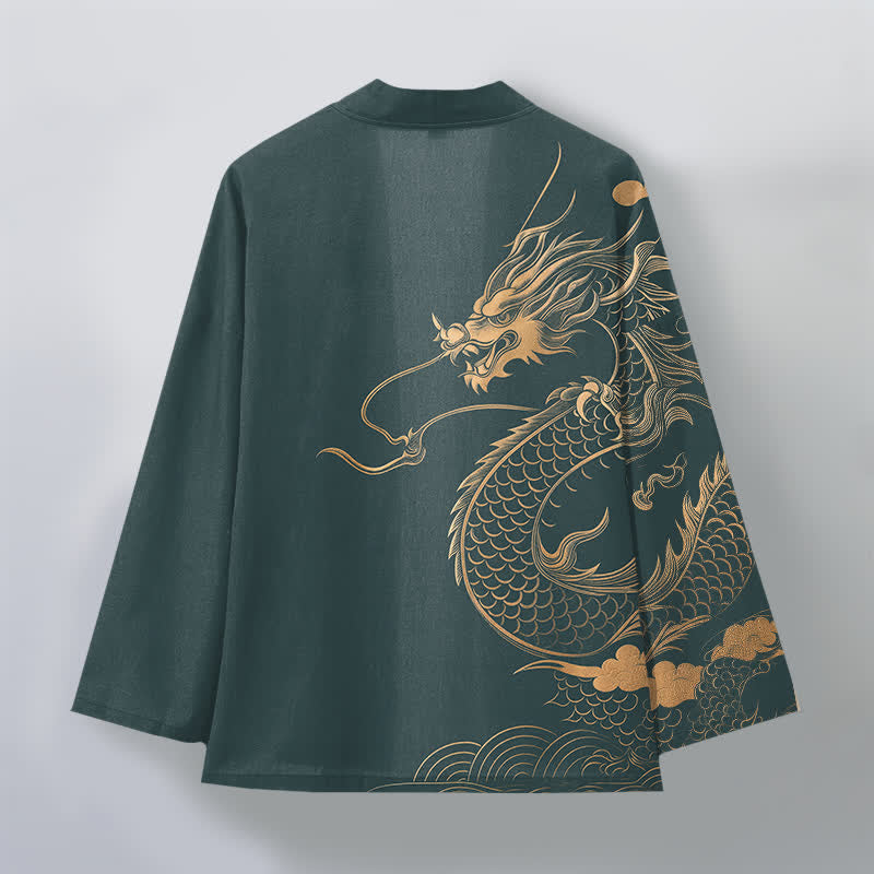 Buddha Stones Kimono aus Baumwolle mit goldenem Drachen-, Wolken- und Wellenmuster, offener Vorderseite, für Herren - image 11
