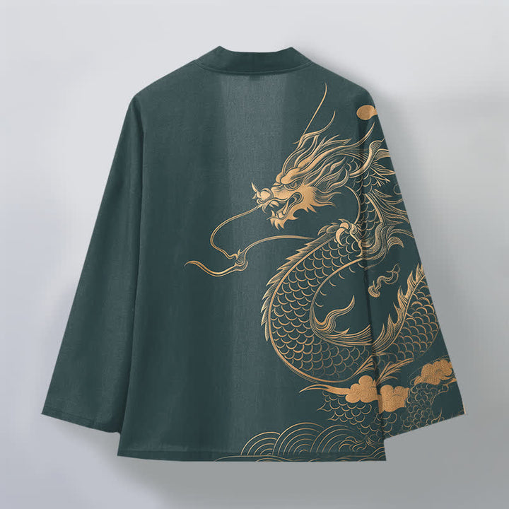 Buddha Stones Kimono aus Baumwolle mit goldenem Drachen-, Wolken- und Wellenmuster, offener Vorderseite, für Herren - image 11