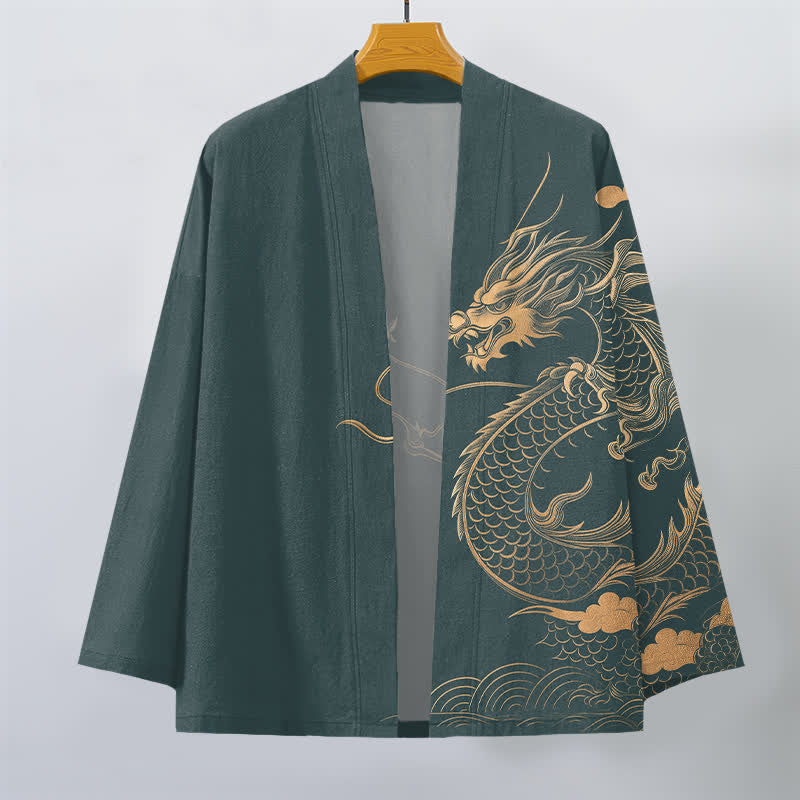 Buddha Stones Kimono aus Baumwolle mit goldenem Drachen-, Wolken- und Wellenmuster, offener Vorderseite, für Herren - image 10