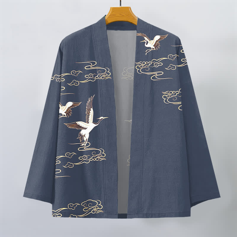 Buddha Stones Weißer Baumwollkimono mit Kranich- und Goldwolkenmuster, offener Vorderteil - image 1