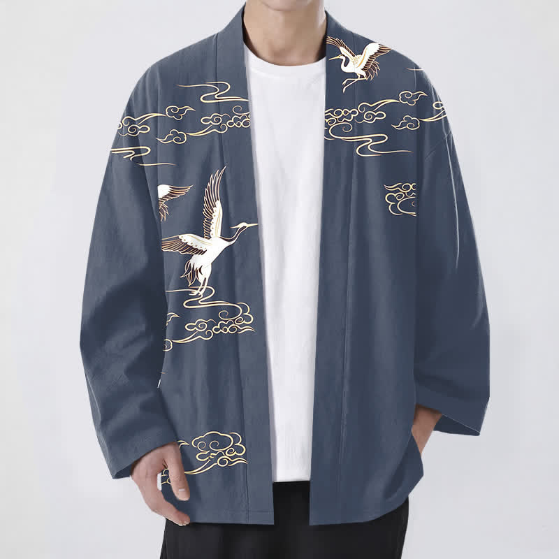 Buddha Stones Weißer Baumwollkimono mit Kranich- und Goldwolkenmuster, offener Vorderteil - SteelBlue - US/UK/AU48, EU58 (4XL) - image 0