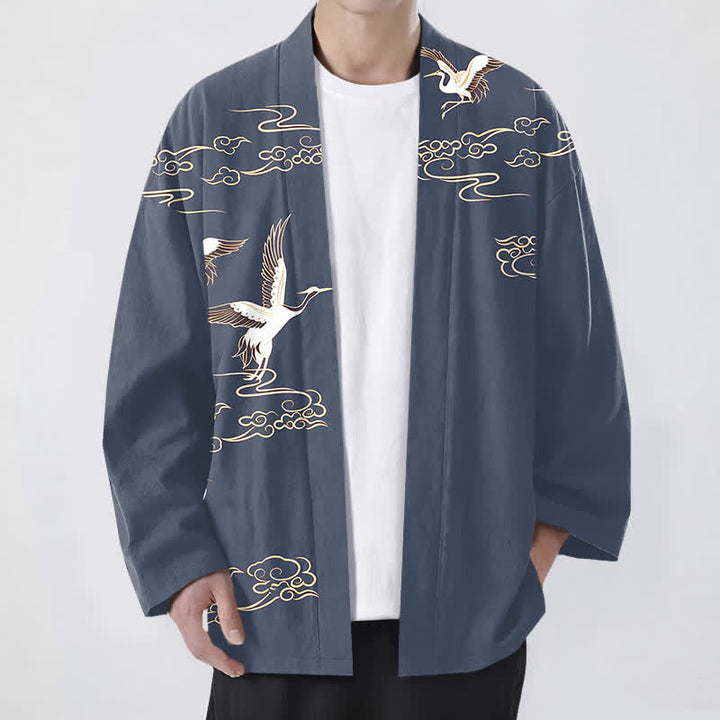 Buddha Stones Weißer Baumwollkimono mit Kranich- und Goldwolkenmuster, offener Vorderteil - SteelBlue - US/UK/AU48, EU58 (4XL) - image 0