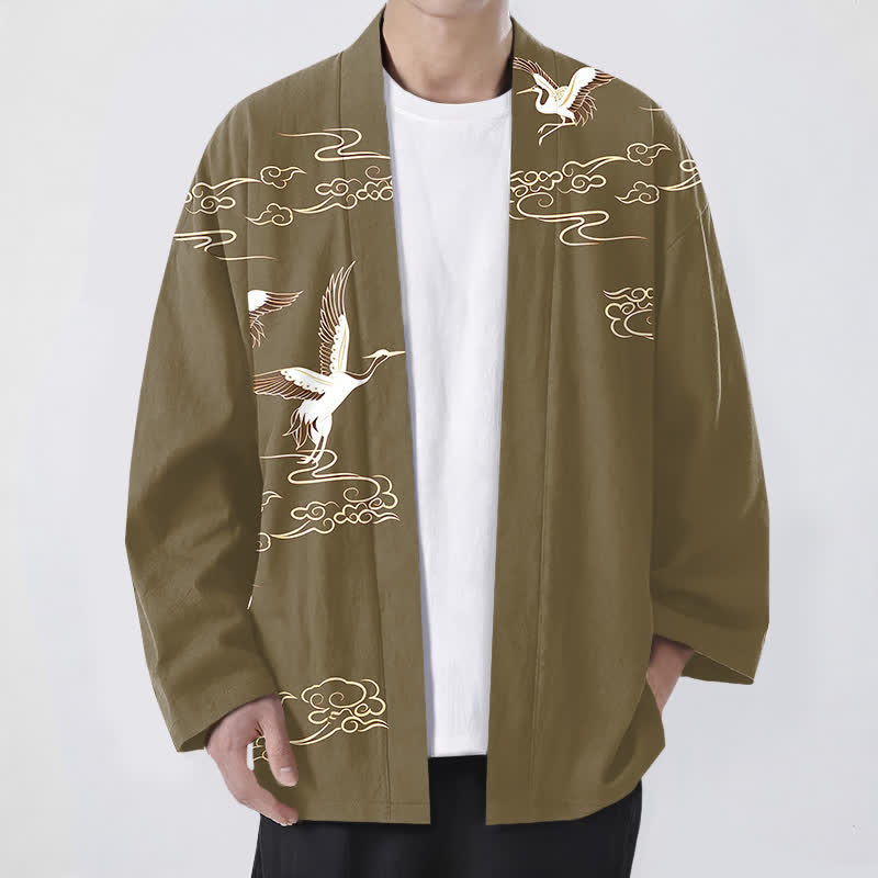 Buddha Stones Weißer Baumwollkimono mit Kranich- und Goldwolkenmuster, offener Vorderteil - Olive - US/UK/AU48, EU58 (4XL) - image 9